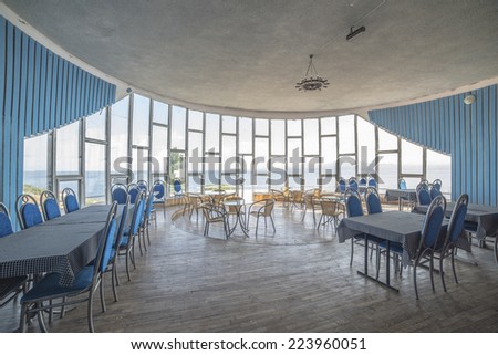 SEVAN, ARMENIA, SEPTEMBER 3, 2014. The ballroom and dinery of the Writer\'s House in the shore of the lake Sevan, Armenia, on September 3rd, 2014.
