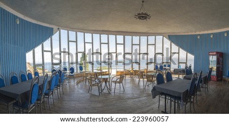SEVAN, ARMENIA, SEPTEMBER 3, 2014. The ballroom and dinery of the Writer\'s House in the shore of the lake Sevan, Armenia, on September 3rd, 2014.