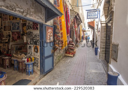 ESSAOUIRA, MOROCCO, MARCH 14, 2014. A narrow pedestrian street in Essouira Morocco, on March 14th, 2014.