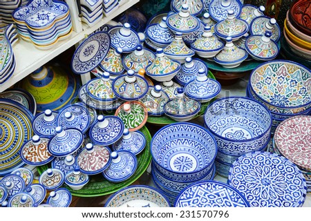 ESSAOUIRA, MOROCCO, FEBRUARY 27, 2014. Moroccan handmade and painted pottery for sale in Souk El Had, the biggest bazar in Agadir, Morocco, on February 27th, 2014.
