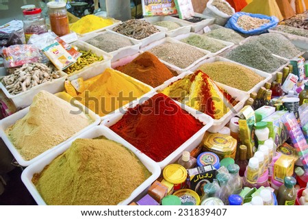 AGADIR, MOROCCO, FEBRUARY 27, 2014. Spices for sale in Souk El Had, the biggest bazar in Agadir, Morocco, on February 27th, 2014.