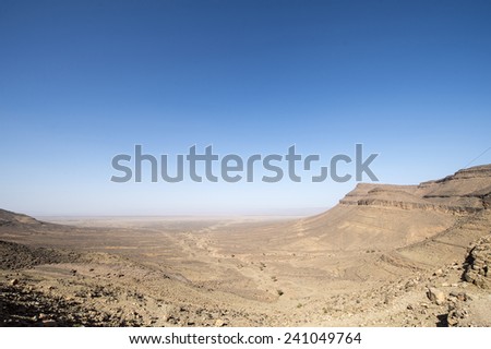 A view over the desert and a dried river in the wide open valley in the Anagan Pass in the Atlas Mountains of Morocco.