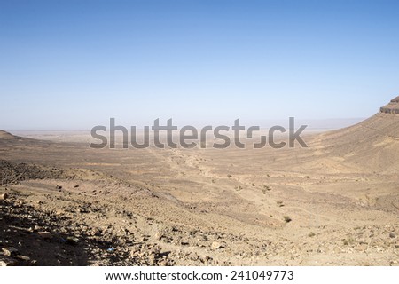 A view over the desert and a dried river in the wide open valley in the Anagan Pass in the Atlas Mountains of Morocco.