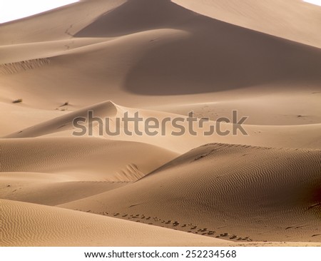 A view over some smooth brown sand dunes in the Sahara desert in Erg Chegaga in Morocco in Morocco in the spring during a hot sunny day.