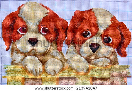 Hand Made Embroidery And Cross-Stitch Puppies Design, The Handicrafts Of Decorative Sewing And Textile Art