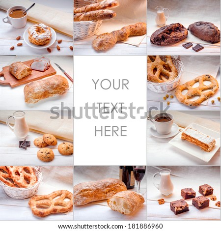 Collage with sweet food, coffee and bread with space for text