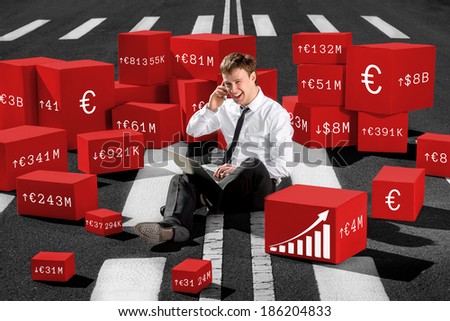 Confident and successful stock broker sitting on the road and speaking phone working with laptop surrounded with red boxes with money