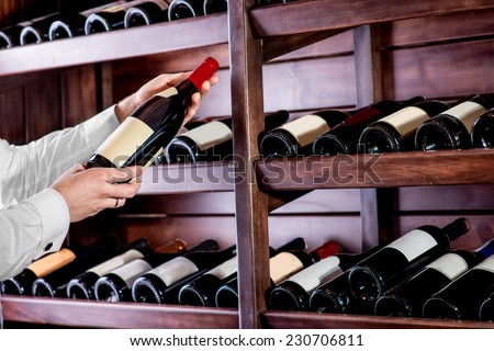 Sommelier choosing a bottle of wine at the wine cellar