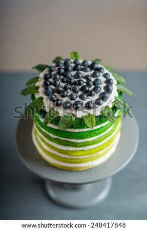 Nice sponge happy birthday cake with mascarpone and grapes on the cake stand