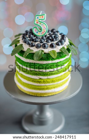 Nice sponge happy birthday cake with mascarpone and grapes on the cake stand with candles on festive light bokeh