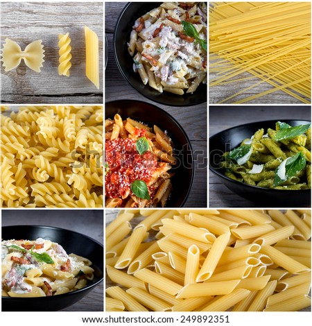 Italian food collage with dried pasta and cooked pasta with sauces. Top view