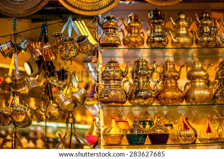 Turkish teapots hanging in Grand Bazaar in Istanbul.