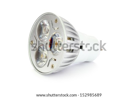 Powerful three LED lamp with optics to narrow emitted light angle, isolated on white background