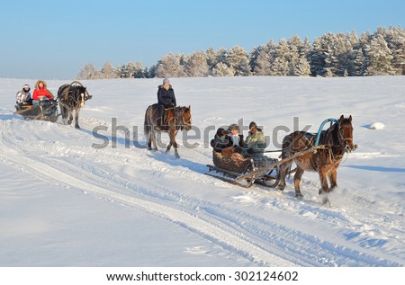 Kaga, Bashkortostan, Russia, January, 03, 2013. People travel in horse-drawn sleds in the winter