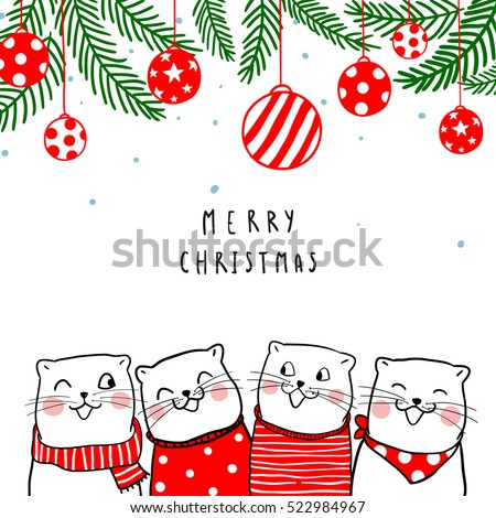 Cute vector illustration background  greeting card Merry Christmas with cat singing in winter.Doodle style.