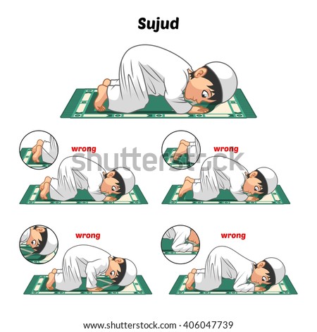 Muslim Prayer Position Guide Step by Step Perform by Boy Prostrating and Position of The Feet with Wrong Position Vector Illustration