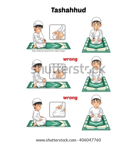 Muslim Prayer Position Guide Step by Step Perform by Boy Sitting and Raising The Index Finger with Wrong Position Vector Illustration
