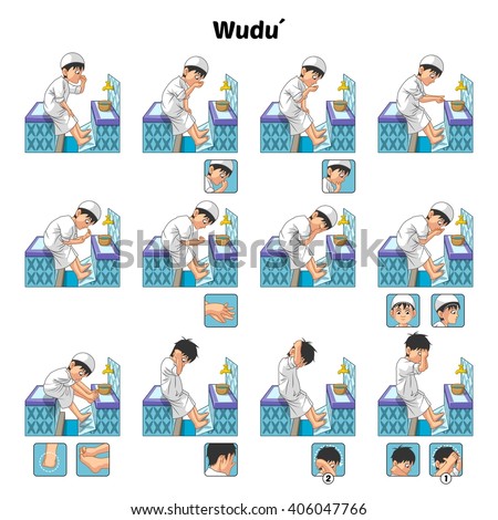 Muslim Ablution or Purification Ritual Guide Step by Step Using Water Perform by Boy Vector Illustration
