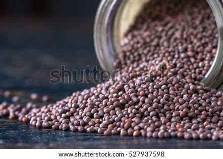 Brown Mustard Seeds spilled from a spice jar