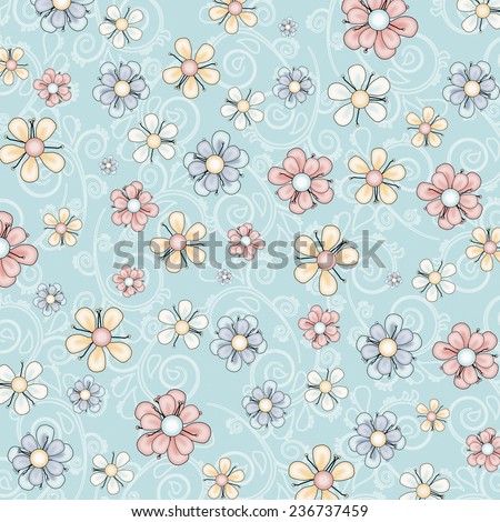 Spring Floral Print on Blue Background with White Swirls and Blue, Pink, White, and Yellow Illustrated Flowers