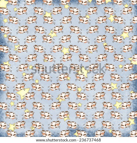 Cow Jumped Over the Moon Pattern with Stars on Blue Shabby Background