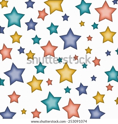 Star Print on White Background with Teal, Blue, Orange, and Yellow Stars.
