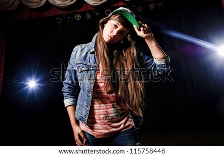 Indoor portrait of yang stylish hip-hop female dancer.