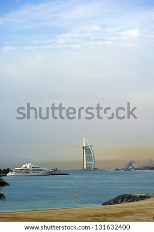 DUBAI, UAE - MARCH  10: The grand sail shaped Burj al Arab Hotel taken March, 10 2013 in Dubai. The hotel is classed as one of the most luxurious in the world and is located on a man made island.