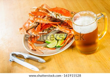 Plate of tasty boiled big crabs.
