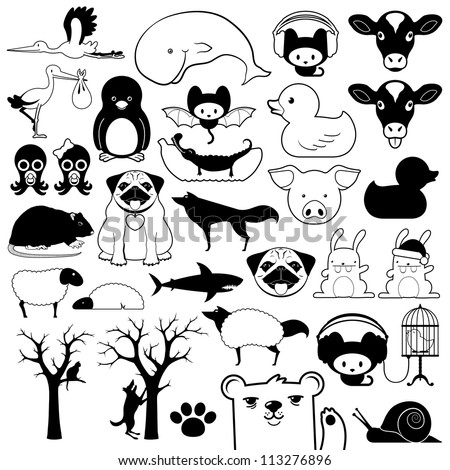 Set of cartoon animal icons with birds fish reptiles wildlife pets