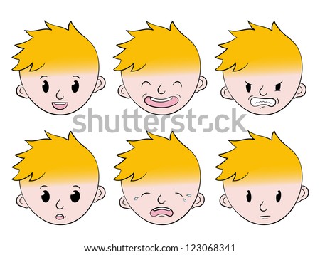 Little boy facial emotions expression set with a cute little blonde cartoon boy showing anger, happiness, sadness, puzzlement, seriousness and laughter - eps8