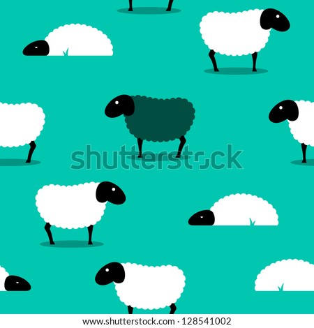 2d Vector Of A Black Sheep Amongst White Sheep On A Green Solid ...