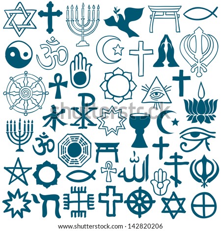 Blue graphic symbols of different religions as Christianity, Islam, Judaism, Buddhism, Jainism, Sikhism or Lamaism, on white background