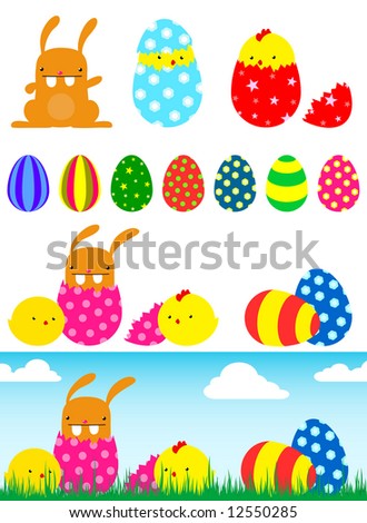 easter bunnies and chicks and eggs. easter bunnies and chicks
