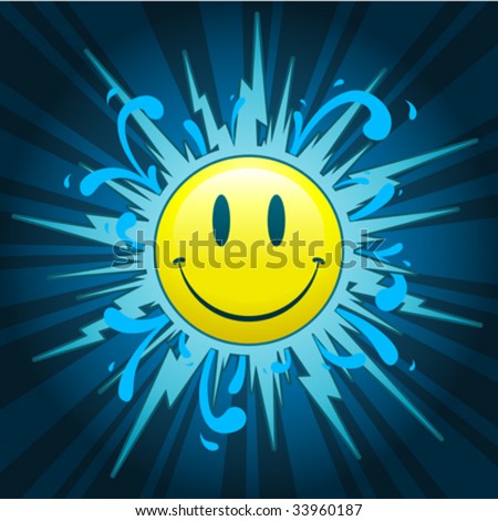 stock vector Starburst with smiley face on blue background vector