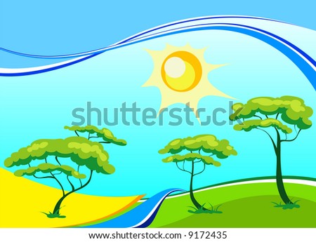 Vector landscape with trees, sun, small river in bright paints