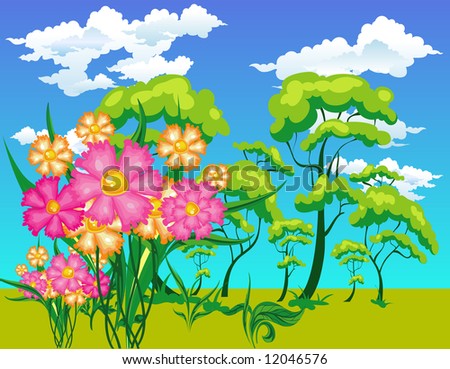 Vector landscape with trees, flowers, sun, small river in bright paints