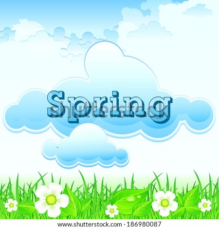 Spring landscape with grass and flowers against sky, vector illustration