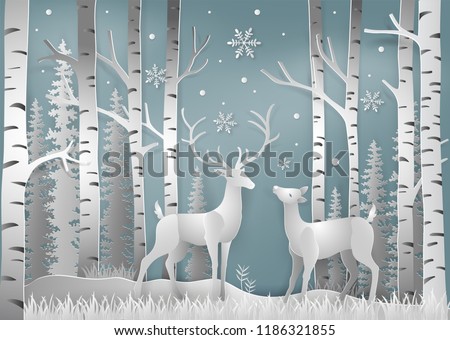 Minimalism of winter season and Christmas day Deer under the view pine forest landscape with snow background. paper art and digital craft style. Vector illustration.
