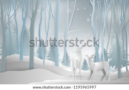 Winter season and Christmas day, Deer in forest landscape with snowflakes and mountains background. paper art and digital craft style. Vector illustration.