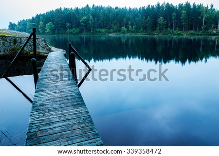wooden Jetty leading out to rock in forest lake