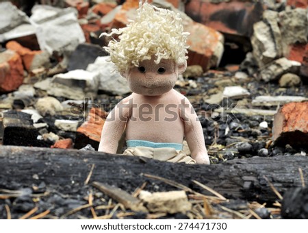 sad rag doll sits in the burnt house
