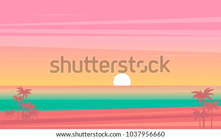 vector sunset tropical beach illustration. flat style nature landscape, seascape