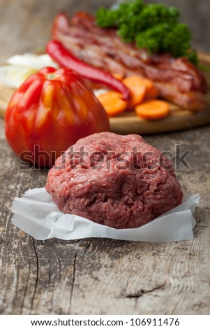 raw minced meat and ingredients