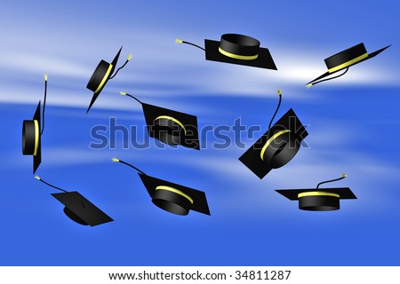 image of success, icon of achievement, the achievement icon, the graduation icon, lots of graduation hats into the air, graduation hats on a blue sky