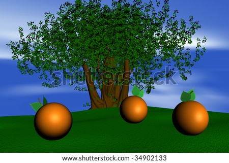 close-up with oranges in the grass, oranges on the ground, oranges in front of an orange tree, oranges on a blue sky, bunch of oranges on the ground, orange harvest icon