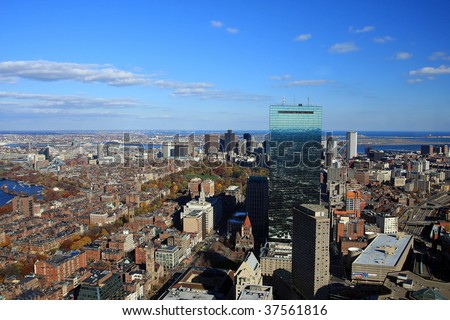 boston cityscape, aerial view of the Cambridge university, Boston in the autumn, panorama of the Cambrige University in Boston, Boston\'s Prudential Building