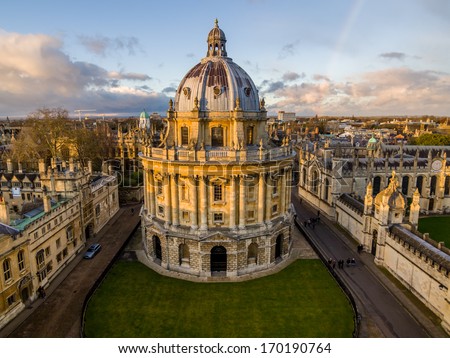 The Oxford University library. Photoed in the top of tower in St Marys Church.There was a rainbow behind of it, and the sunshine is so amazing.