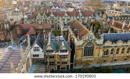 bird view at the university of Oxford. Oxford, England, a colorful city