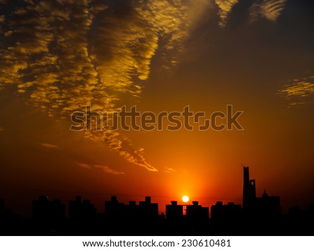 Sun rising over Shanghai city skyline